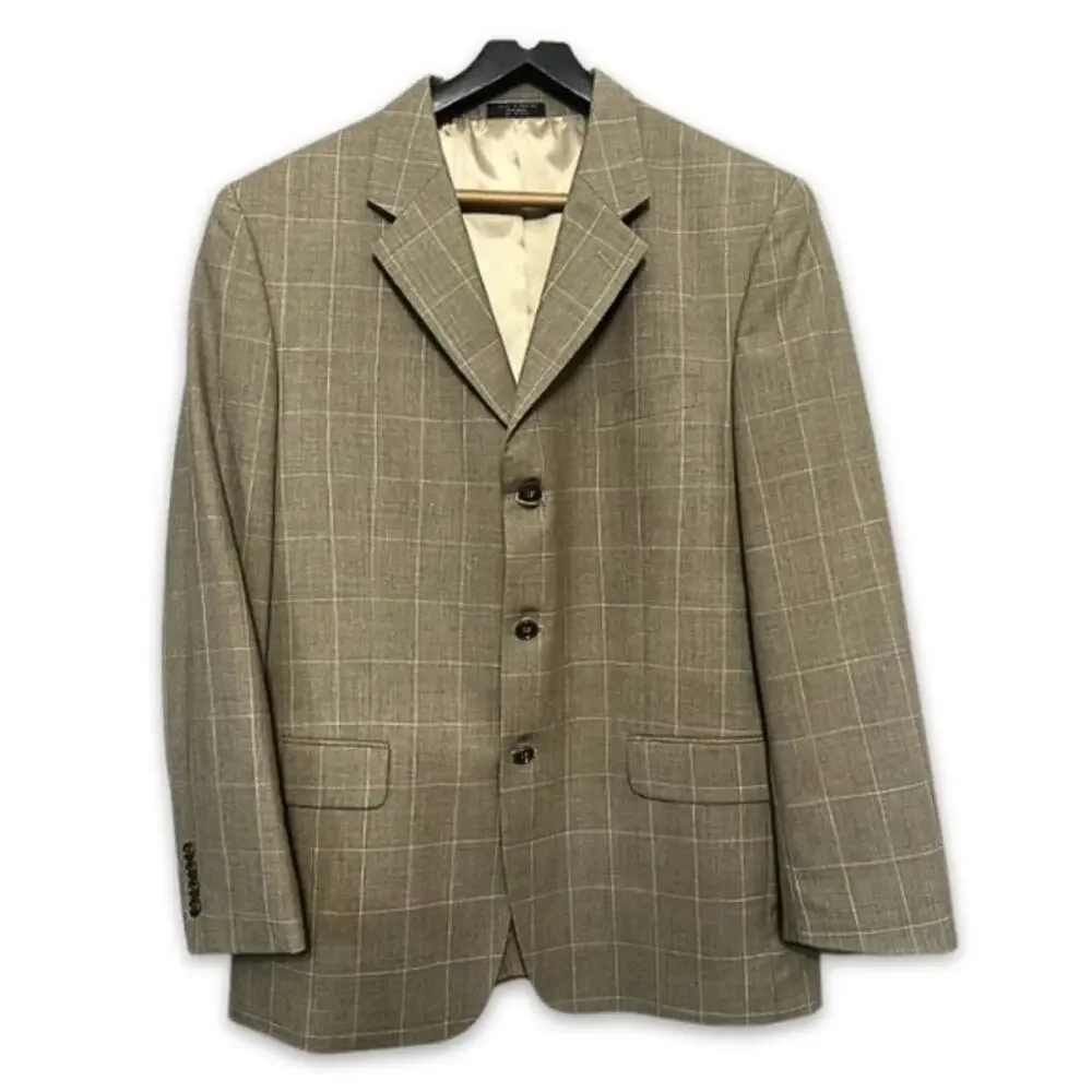 Evan Picone Suit Coat Window Pane Print Long Sleeves 3-Button Light Brown M 44R